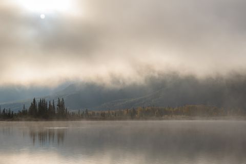Misty lake at sunrise